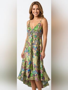Spring Wedding Guest Dress Boho Retro Silk Med Paisley Whimsical Artisy Midi